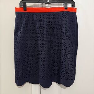 Pixley Navy Laser-Cut Pencil Skirt with Orange Waistband